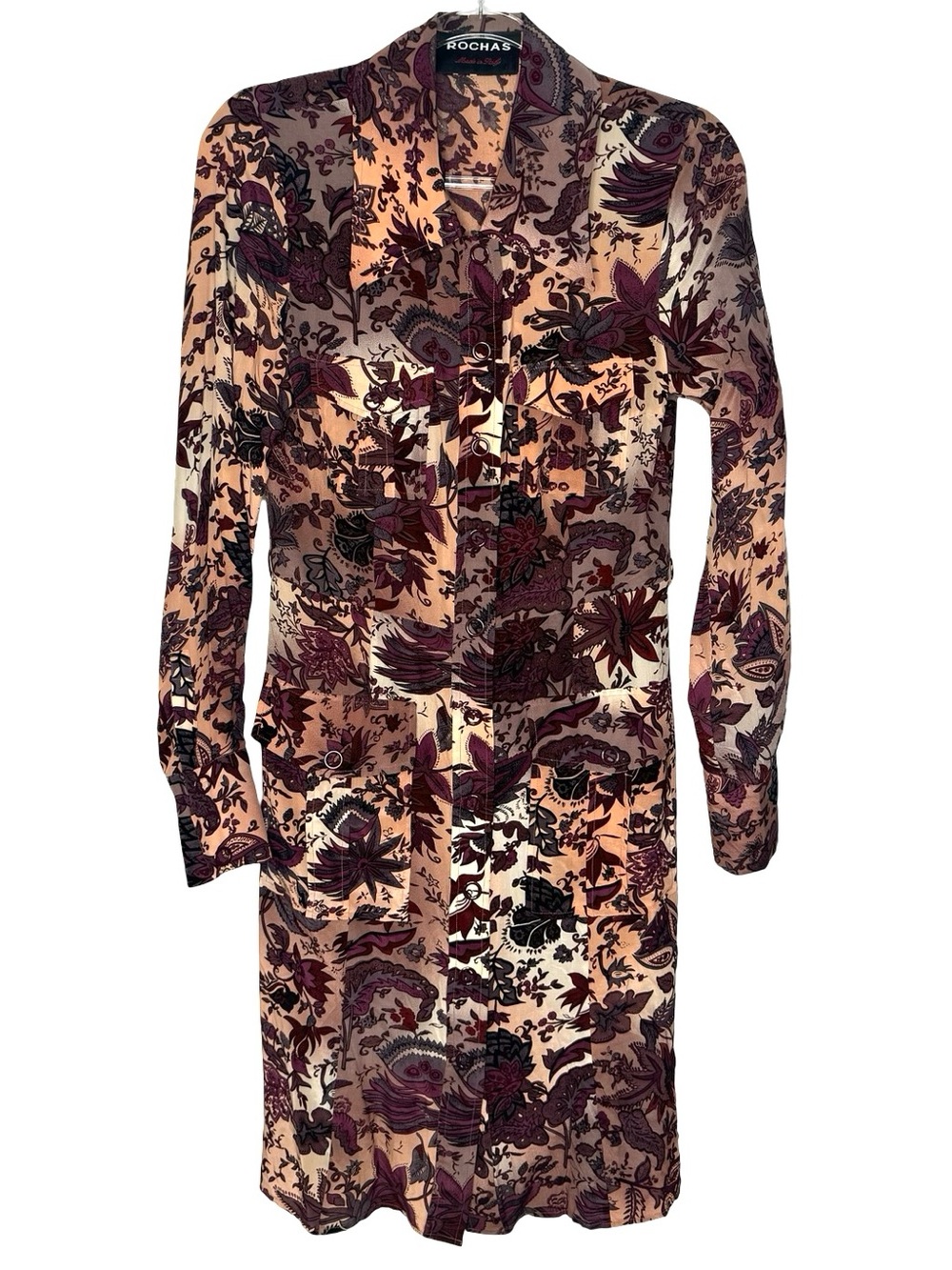 Rochas | Vintage 100% Silk Floral Shirt Dress Long Sleeve Midi Burgundy Mauve 44
